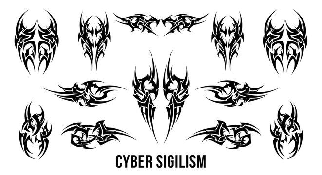 Collection of tribal tattoo designs and cyber sigilism art, isolated on white background