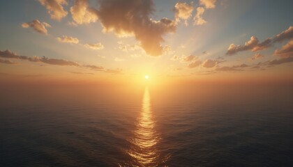 Obraz premium Image features sunrise over tranquil ocean. Golden sun rises above horizon. Sky clouds, water reflects sunlight. Photo evokes calm mood, suitable for travel, relaxation content, meditation.