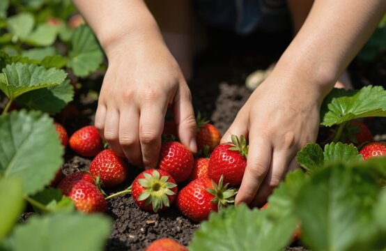 Child hands picking ripe strawberries from garden patch. Plump, juicy red berries in summer sun. Fresh organic fruit harvest, farming, gardening. Healthy food.