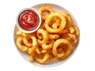 Top-Down View of Curly Fries Scattered on White Plate with Dipping Sauce, Casual Snack Presentation, Isolated on Transparent Background