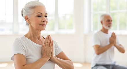 Elderly couple practicing yoga and meditation together, finding peace and balance in a bright, serene setting