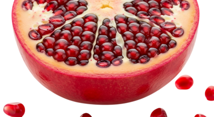 A vibrant pomegranate half isolated on transparent background, revealing its juicy red seeds and inviting sweetness, a symbol of health and natural goodness in every bite