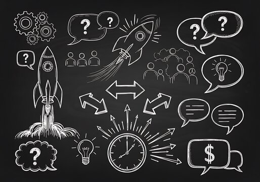 Chalkboard Sketch: Rocket Launch, Gears, Arrows, Clock, and Business Concepts