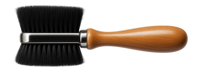 Soft-bristle brush with a wooden handle for dusting off carpentry tools in a workshop.