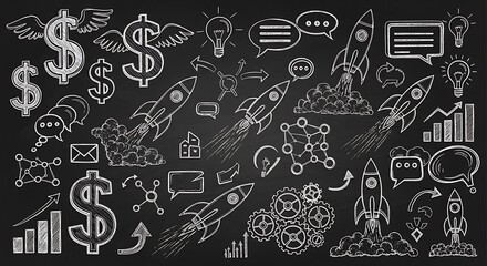 Chalkboard Startup: Rockets, Money, and Ideas in White Outline on Black Background
