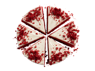 Top-Down View of Red Velvet Cake Cut into Equal Slices with Crumb Topping, Modern Bakery Style, Isolated on Transparent Background
