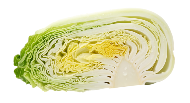 Top view of cut napa cabbage isolated on transparent background, perfect for salad, healthy eating, vegetarian recipes, and asian cuisine with fresh ingredients