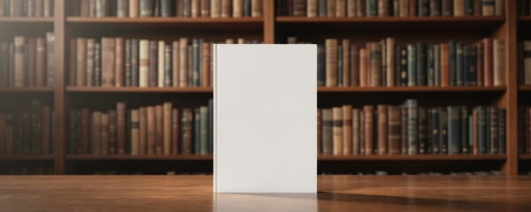 Clean white book cover stands against blurred background of bookshelves on wooden table. Mockup embodies simplicity, sophistication. Ideal for book design, promoting literary works, visualizing