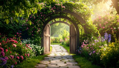 Garden archway with sunlight and flowers