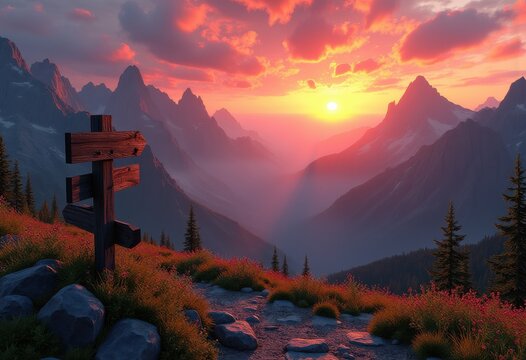 dramatic sunset illuminating jagged mountain peaks mashed vibrant sky colors awe inspiring nature landscape trailhead view, clouds, horizon, alpine, rocky