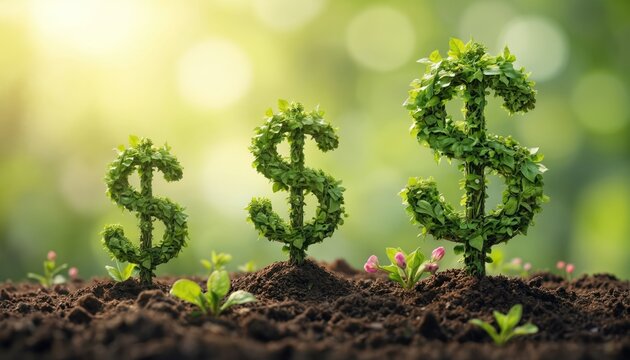 Dollar signs crafted from green leaves grow from rich soil, financial growth, investment, wealth accumulation. Pink tulip buds bloom nearby, suggesting prosperous spring season, successful