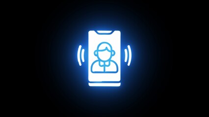 Glowing Blue Smartphone Icon with Person Silhouette and Sound Waves on Black Background