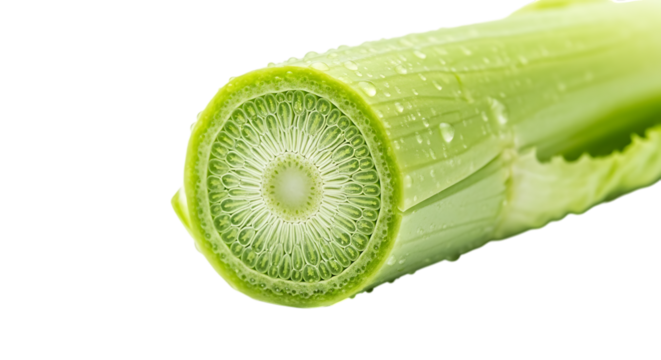Closeup of a sliced leek isolated on transparent background, revealing its intricate internal structure, vibrant green color, and fresh, healthy appeal for culinary use