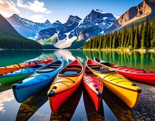 Colorful kayaks on pristine lake, mountains backdrop