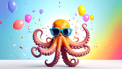 Festive Octopus with Sunglasses Celebrates with Balloons and Confetti