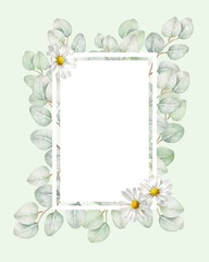 Watercolor framework of twigs eucalyptus white flowers green background with empty space in the center for text or image. Suitable for invitations, cards and decoration.