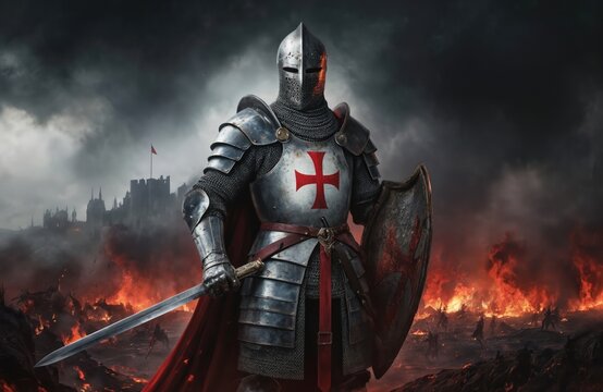 Medieval knight templar in full armor stands heroically before battlefield engulfed in flames. Wields sword, shield with red cross. Castle visible on horizon under dramatic cloudy sky. Symbol of