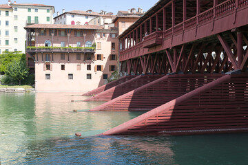 Bassano del Grappa, Vicenza, Veneto, Italy - July 9, 2025 - Views of the city, the castle, and the Alpine Bridge