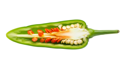 A halved green chili pepper isolated on transparent background reveals its inner seeds and flesh, showcasing its vibrant color and potential for adding spice to culinary creations