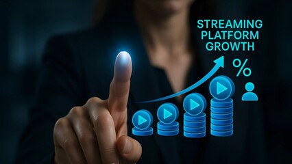 Streaming platform growth. Blue glowing play icons stacked in increasing height, with upward arrow, percentage and viewer symbols. Dark futuristic background, digital entertainment concep