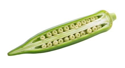 A freshly cut okra pod displaying its seeds, isolated on transparent background the image provides a detailed view of the okras internal structure and texture