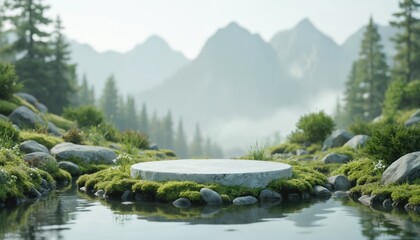 Eco-friendly stone podium on mossy island. Natural green background with forest, mountain. Perfect platform product display presentation cosmetic sale concept, skincare, beauty, health, spa.