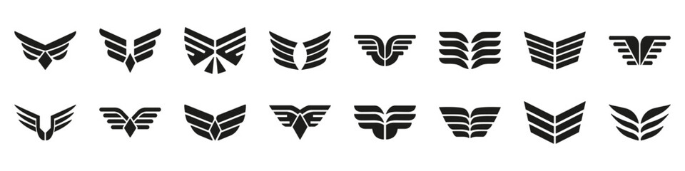 Decorative Heraldic Wing Silhouette Icons Set, Elegant Feather Glyph Symbol Collection. Isolated Vector Illustration