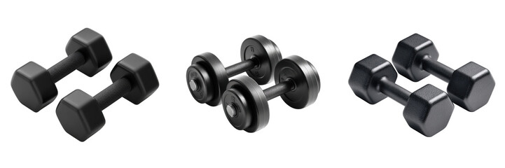 Fototapeta premium Black hexagonal and round dumbbells arranged in three pairs isolated on a transparent background weights