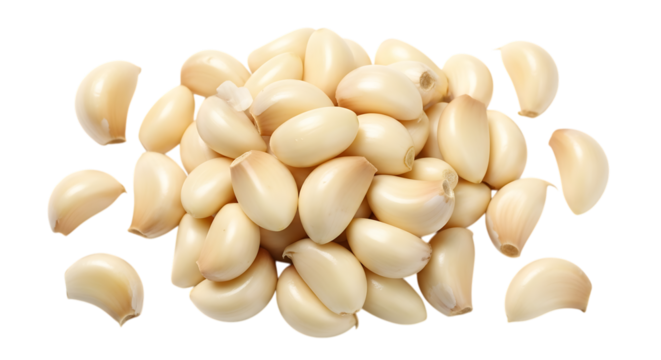 A heap of peeled garlic cloves, isolated on transparent background, showcasing their fresh texture, oval shape, and aromatic essence for culinary use and healthy cooking