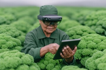 Elderly farmer using tablet and augmented reality technology in lush green vegetable field