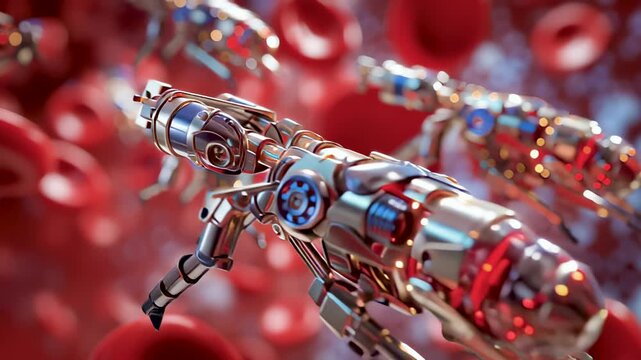 Futuristic nano robot floating in the human blood stream with red blood cells. Concept of medicine, science, and technology.