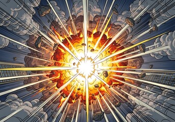 Cityscape Explosion Comic Book Panel with Dynamic Action