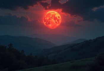 fiery red moonrise illuminating serene landscape dramatic night sky tranquil natural beauty starlit horizon, cloud, cityscape, park, nature, reflection