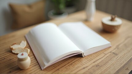 Fototapeta premium An open book with blank pages on a wooden table next to bread and a small decorative container