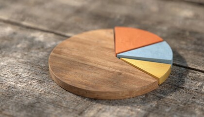 Pie chart retirement income sources. Analysis of financial planning. Wooden pie chart on wooden background. Financial strategy, investment, savings planning. Asset allocation, pension, annuities,