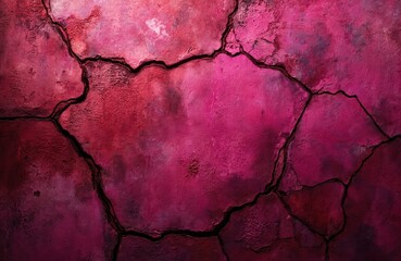 Obraz premium Grunge magenta wall texture background with dark cracked cement surface. Aged damaged plaster. Deep vibrant red colors. Dynamic rough design for horror, creepy, halloween themes.