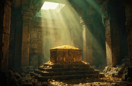 Ancient Mayan temple ruins reveal golden treasure chest overflowing with gold coins. Sunbeams pierce darkness, illuminating intricate carvings on stone pillars, illuminating lost treasure. Scene