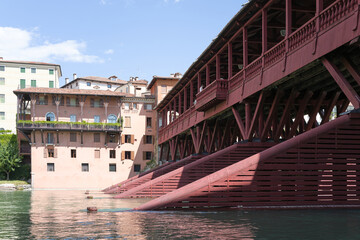 Bassano del Grappa, Vicenza, Veneto, Italy - July 9, 2025 - Views of the city, the castle, and the Alpine Bridge