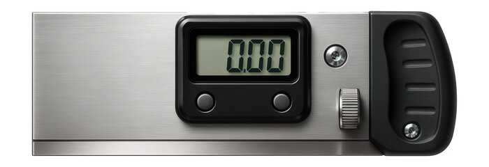 Digital angle finder with LCD display for measuring angles in metalworking.