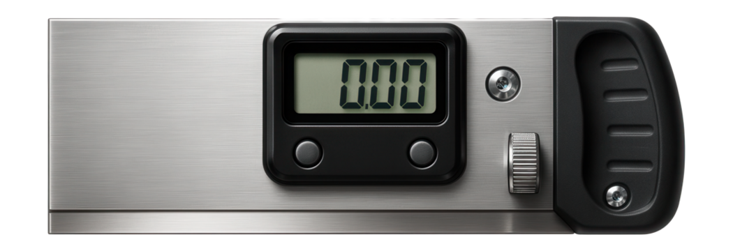 Digital angle finder with LCD display for measuring angles in metalworking.