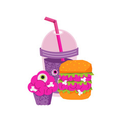 Zombie-themed fast food set: double brain burger with bones, purple cupcake topped with an eyeball, smoothie containing floating eyeballs.  For Halloween party menus and spooky food designs.