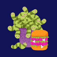 Zombie double brain burger with bones  and a purple bucket overflowing with green worms. Vector illustration of a zombie-themed meal for Halloween party menus and creepy food designs.