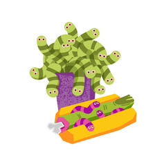 Naklejka premium Creepy Halloween food illustration. Purple container filled with green-striped worms, yellow zombie hot dog with a nipple in the shape of a finger with purple-striped worms crawling over it.