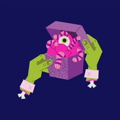Zombie hands holding a purple box with a pink brain, striped worms, and a single monster eyeball. Stylized Halloween zombie food concept on a dark background.