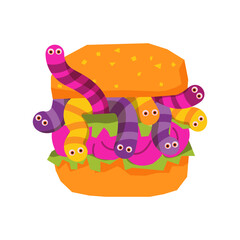Stylized orange burger bun filled with pink brains, lettuce, and multiple colorful striped worms in purple, pink, and yellow. Isolated Halloween zombie fast food illustration on a white background.