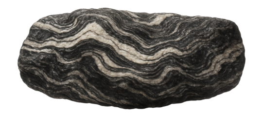 Migmatite rock exhibiting swirled patterns of light and dark minerals