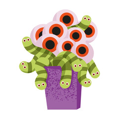 Purple box filled with green striped worms crawling over a pile of red-eyed eyeballs, isolated on a white background. Stylized Halloween zombie food for spooky menus and horror designs.