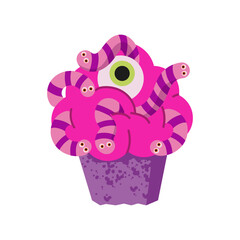Stylized Halloween cupcake with a bright pink brain topping, striped purple-pink worms crawling out, and a single green eyeball. Isolated creepy zombie dessert illustration on a white background.