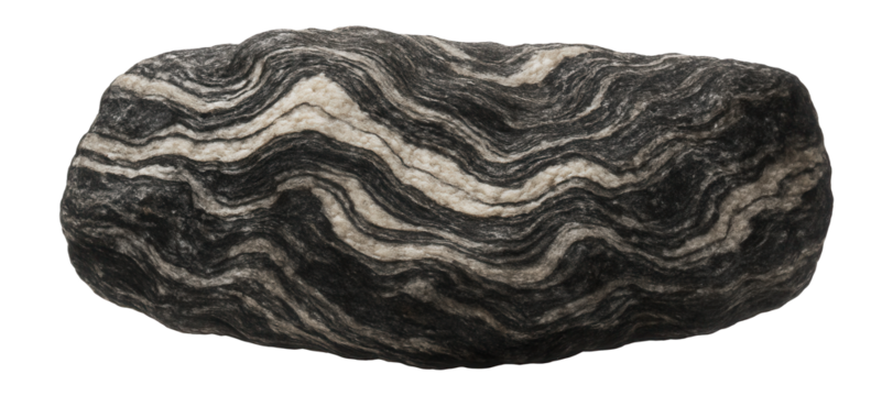 Migmatite rock exhibiting swirled patterns of light and dark minerals