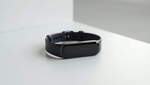 Close-up of a sleek black fitness tracker on a white surface.